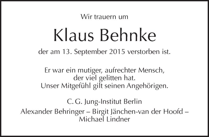  Traueranzeige für Klaus Behnke vom 20.09.2015 aus Tagesspiegel