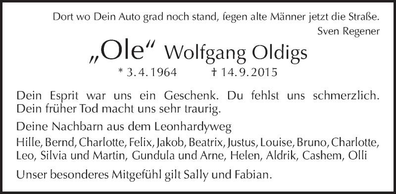  Traueranzeige für Wolfgang Oldigs vom 27.09.2015 aus Tagesspiegel