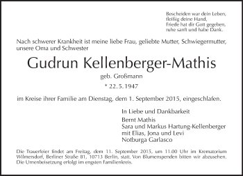 Traueranzeige von Gudrun Kellenberger-Mathis von Tagesspiegel