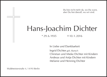 Traueranzeige von Hans-Joachim Dichter von Tagesspiegel