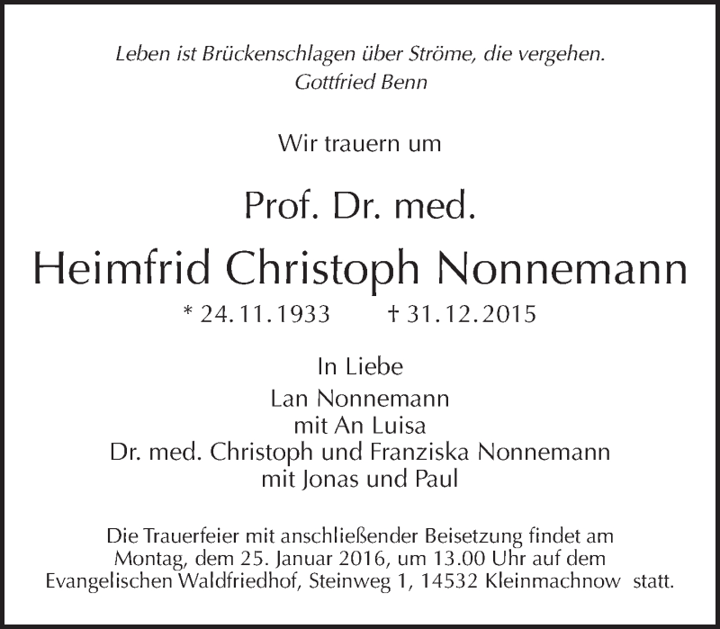  Traueranzeige für Heimfrid Christoph Nonnemann vom 10.01.2016 aus Tagesspiegel