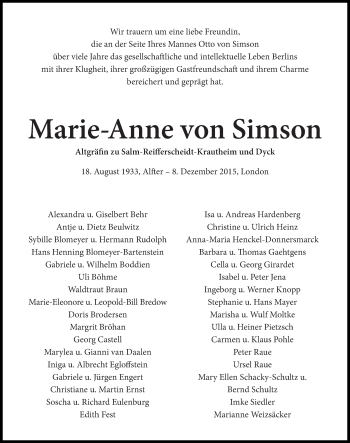 Traueranzeige von Marie-Anne von Simson von Tagesspiegel