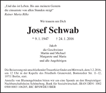 Traueranzeige von Josef Schwab von Tagesspiegel