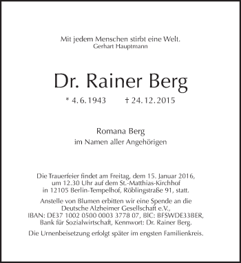 Traueranzeige von Rainer Berg von Tagesspiegel