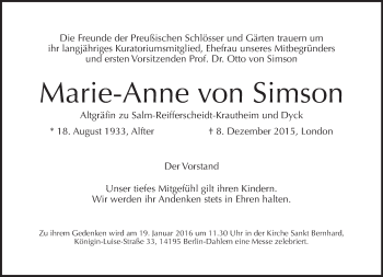 Traueranzeige von Marie-Anne von Simson von Tagesspiegel