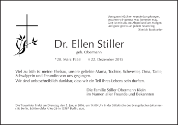 Traueranzeige von Ellen Stiller von Tagesspiegel