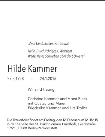 Traueranzeige von Hilde Kammer von Tagesspiegel