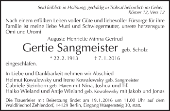 Traueranzeige von Gertie Sangmeister von Tagesspiegel