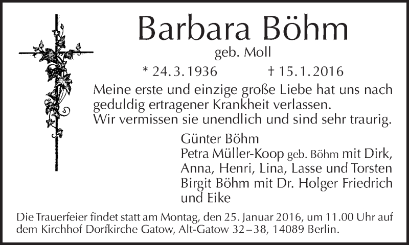 Traueranzeige für Barbara Böhm vom 24.01.2016 aus Tagesspiegel