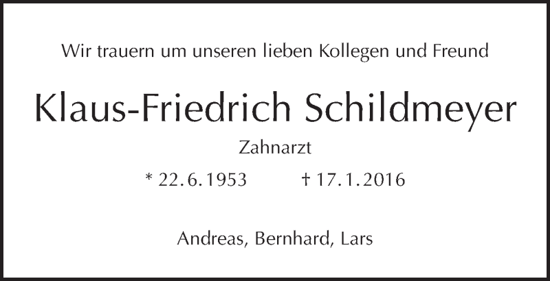  Traueranzeige für Klaus-Friedrich Schildmeyer vom 24.01.2016 aus Tagesspiegel