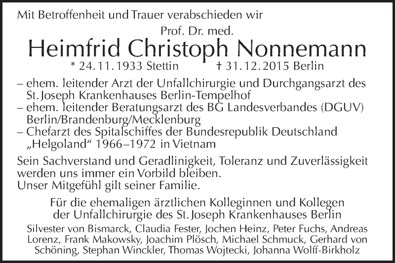  Traueranzeige für Heimfrid Christoph Nonnemann vom 10.01.2016 aus Tagesspiegel