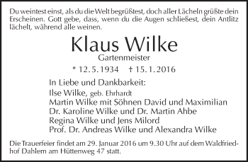 Traueranzeige von Klaus Wilke von Tagesspiegel