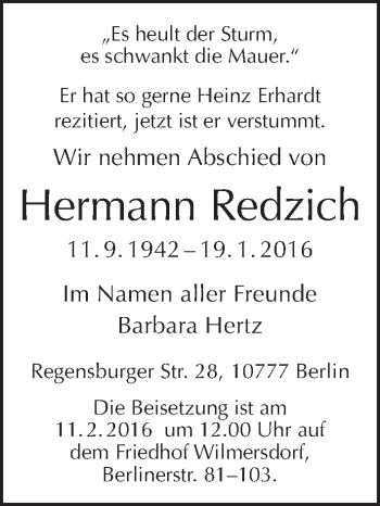 Traueranzeige von Hermann Redzich von Tagesspiegel