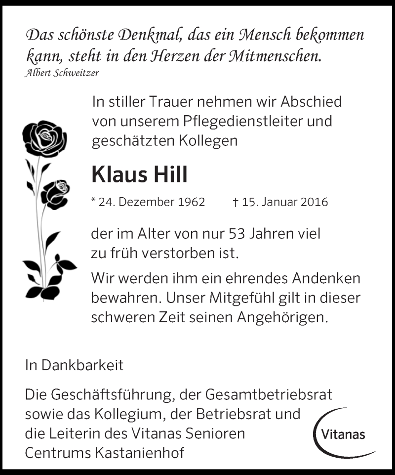  Traueranzeige für Klaus Hill vom 24.01.2016 aus Tagesspiegel