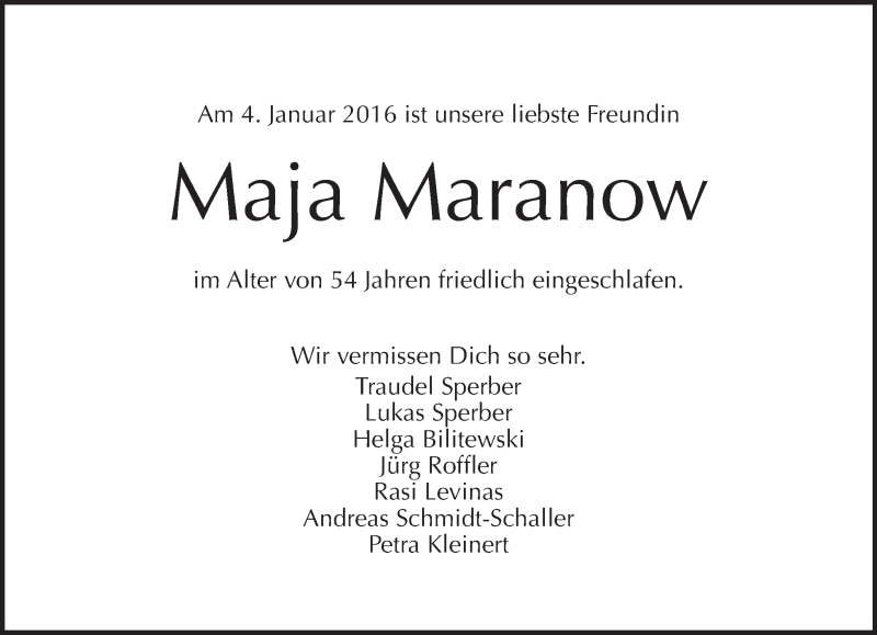  Traueranzeige für Maja Maranow vom 09.01.2016 aus Tagesspiegel