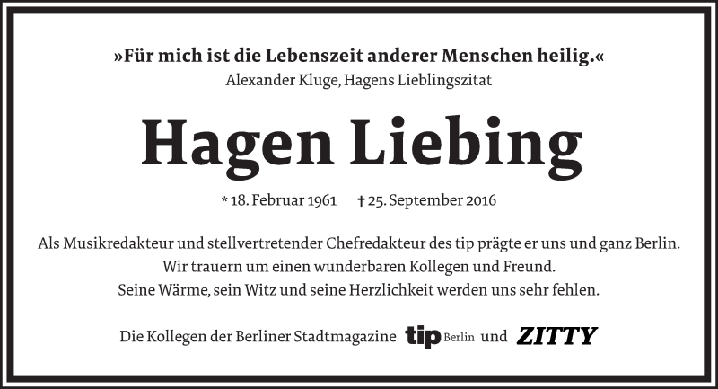 Traueranzeige für Hagen Liebing vom 02.10.2016 aus Tagesspiegel