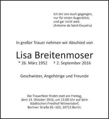 Traueranzeige von Lisa Breitenmoser von Tagesspiegel