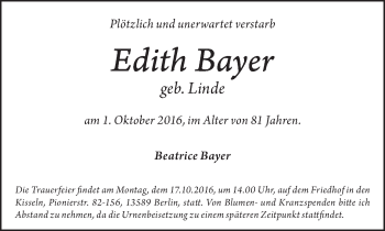 Traueranzeige von Edith Bayer von Tagesspiegel