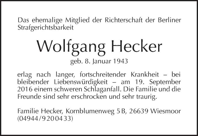  Traueranzeige für Wolfgang Hecker vom 09.10.2016 aus Tagesspiegel
