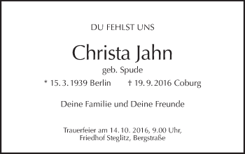 Traueranzeige von Christa Jahn von Tagesspiegel