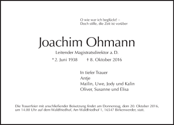 Traueranzeige von Joachim Ohmann von Tagesspiegel