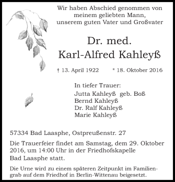 Traueranzeige von Karl-Alfred Kahleyß von Tagesspiegel