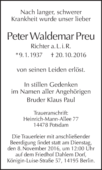 Traueranzeige von Peter Waldemar Preu von Tagesspiegel