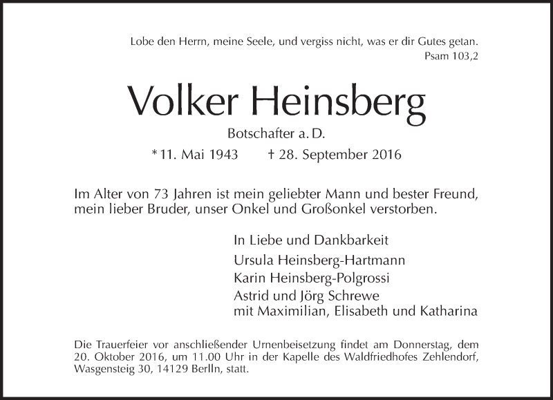  Traueranzeige für Volker Heinsberg vom 09.10.2016 aus Tagesspiegel