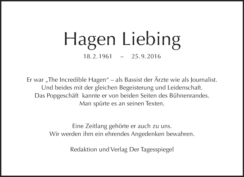  Traueranzeige für Hagen Liebing vom 02.10.2016 aus Tagesspiegel