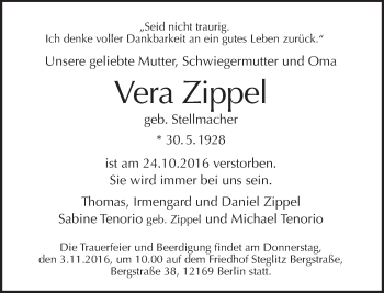 Traueranzeige von Vera Zippel von Tagesspiegel