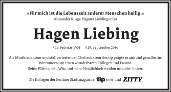 Traueranzeige von Hagen Liebing von Tagesspiegel