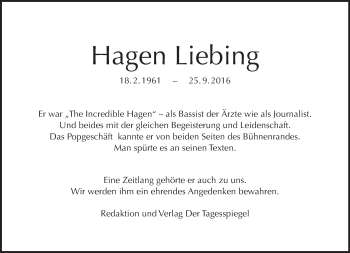 Traueranzeige von Hagen Liebing von Tagesspiegel