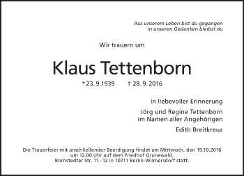 Traueranzeige von Klaus Tettenborn von Tagesspiegel