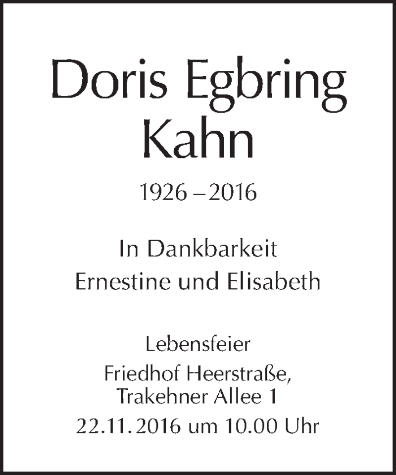  Traueranzeige für Doris Egbring Kahn vom 13.11.2016 aus Tagesspiegel