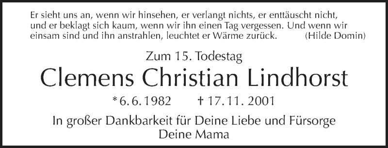  Traueranzeige für Clemens Christian Lindhorst vom 17.11.2016 aus Tagesspiegel