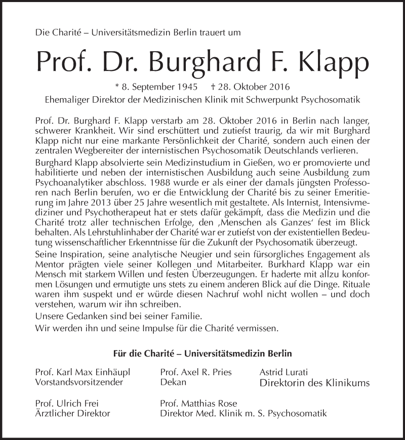  Traueranzeige für Burghard Klapp vom 06.11.2016 aus Tagesspiegel
