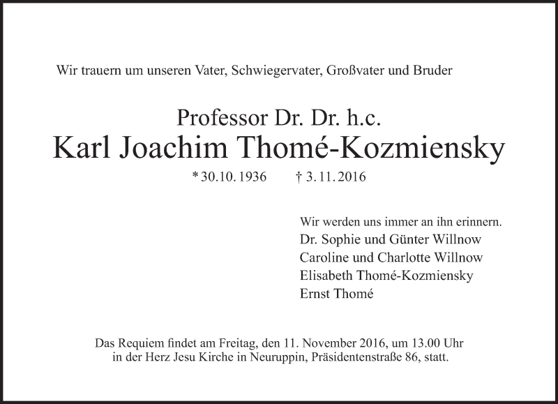  Traueranzeige für Karl Joachim Thomé-Kozmiensky vom 06.11.2016 aus Tagesspiegel