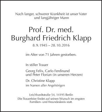 Traueranzeige von Burghard Friedrich Klapp von Tagesspiegel