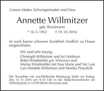 Traueranzeige von Annette Willmitzer von Tagesspiegel