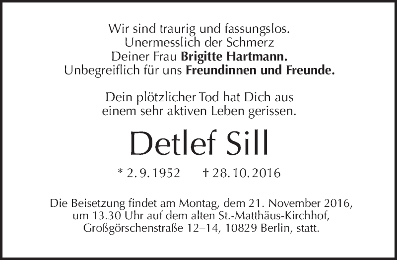  Traueranzeige für Detlef Sill vom 13.11.2016 aus Tagesspiegel