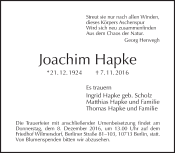 Traueranzeige von Joachim Hapke von Tagesspiegel