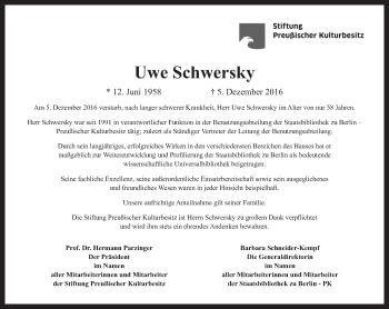 Traueranzeige von Uwe Schwersky von Tagesspiegel