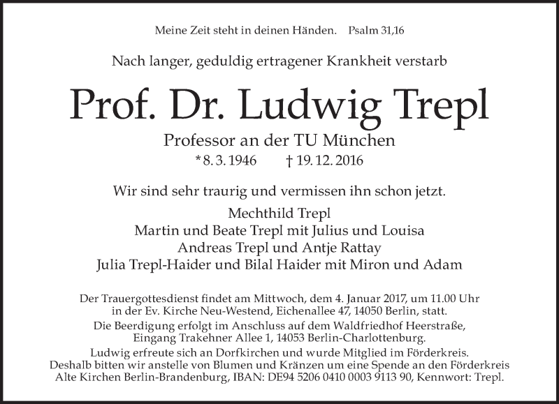  Traueranzeige für Ludwig Trepl vom 24.12.2016 aus Tagesspiegel