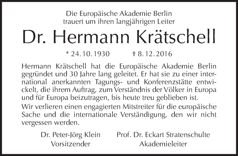  Traueranzeige für Hermann Krätschell vom 18.12.2016 aus Tagesspiegel