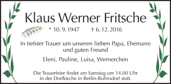 Traueranzeige von Klaus Werner Fritsche von Tagesspiegel