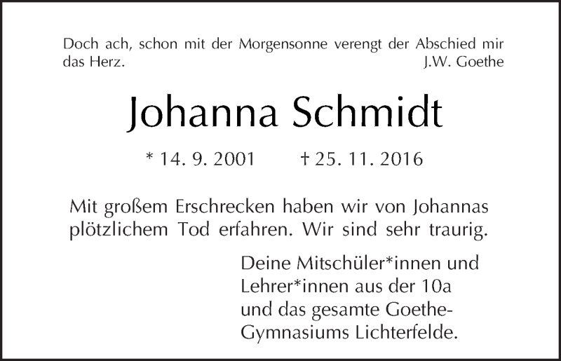  Traueranzeige für Johanna Schmidt vom 04.12.2016 aus Tagesspiegel