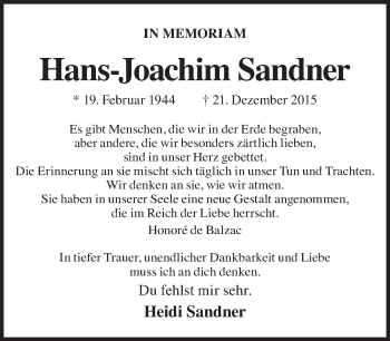 Traueranzeige von Hans-Joachim Sandner von Tagesspiegel