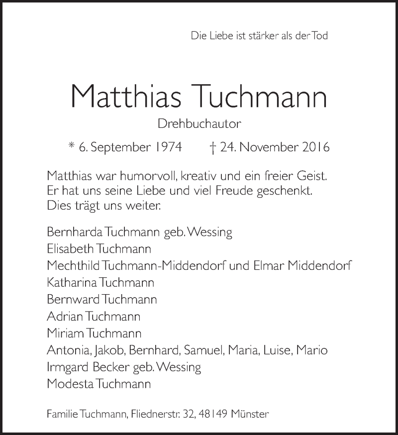  Traueranzeige für Matthias Tuchmann vom 04.12.2016 aus Tagesspiegel