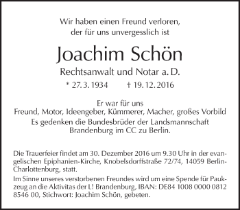 Traueranzeige von Joachim Schön von Tagesspiegel