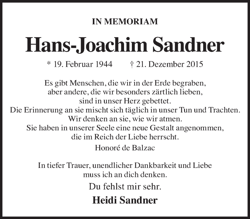  Traueranzeige für Hans-Joachim Sandner vom 24.12.2016 aus Tagesspiegel